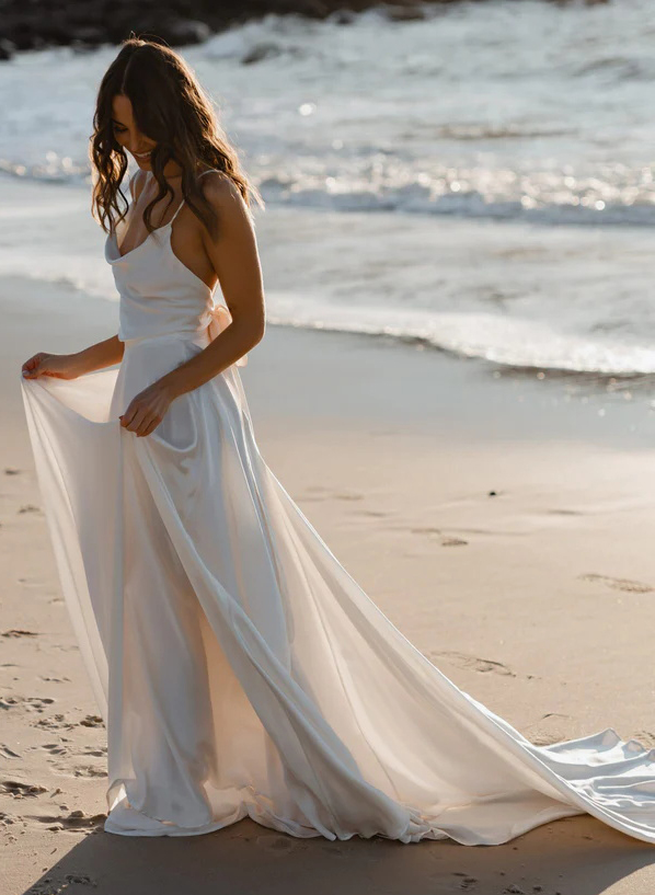 Boho Open Back Cowl Neck A-Line Wedding Dresses With Silk Like Satin Sweep Train, image 3