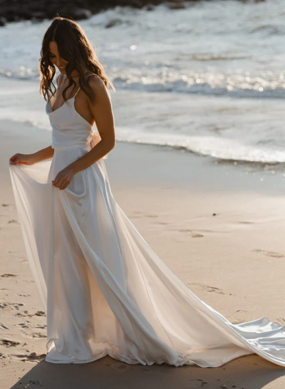Boho Open Back Cowl Neck A-Line Wedding Dresses With Silk Like Satin Sweep Train