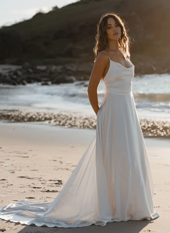 Boho Open Back Cowl Neck A-Line Wedding Dresses With Silk Like Satin Sweep Train, image 7