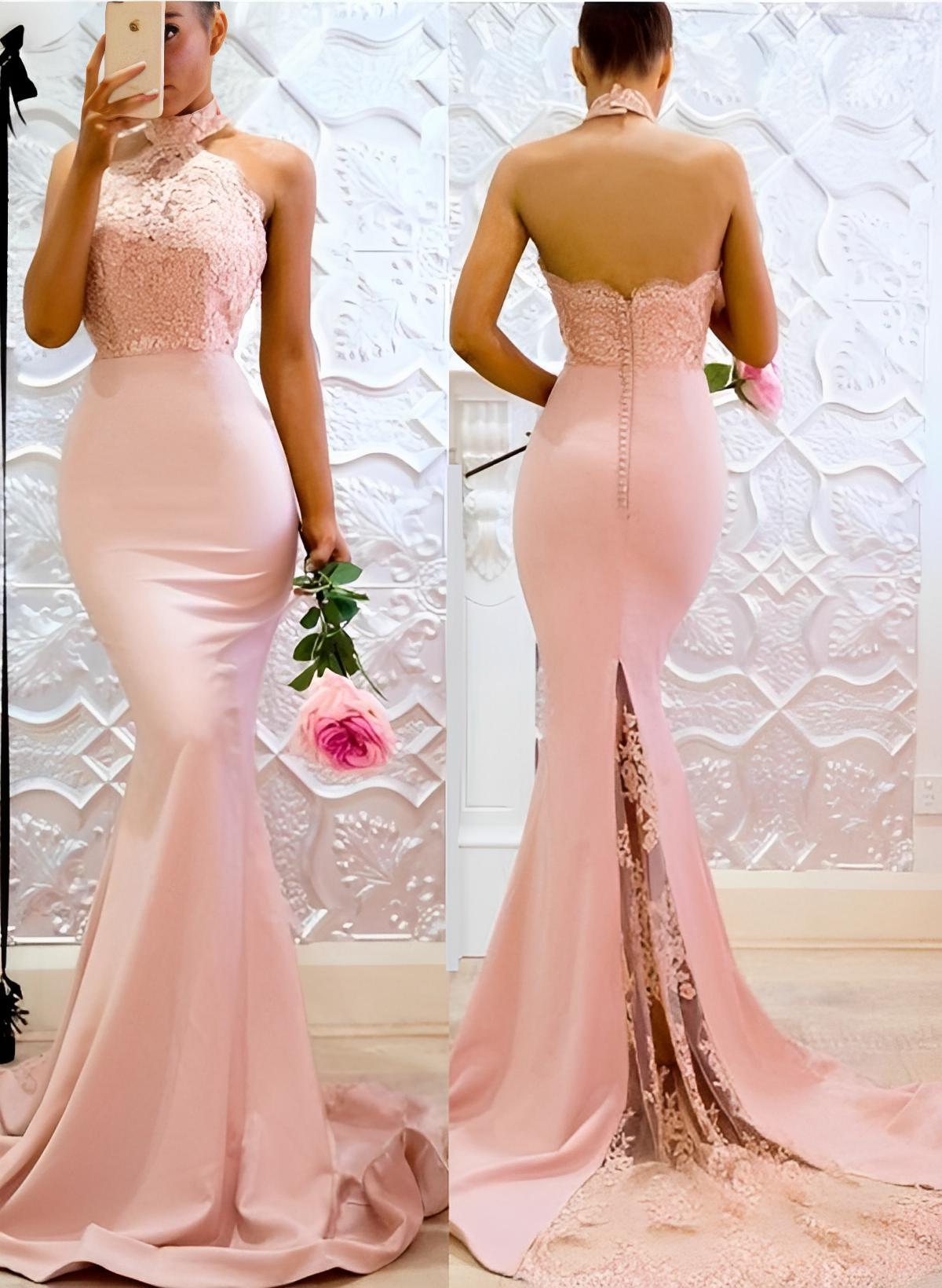 Lace Mermaid Halter Open Back Bridesmaid Dresses With Elastic Satin in As Picture, US2