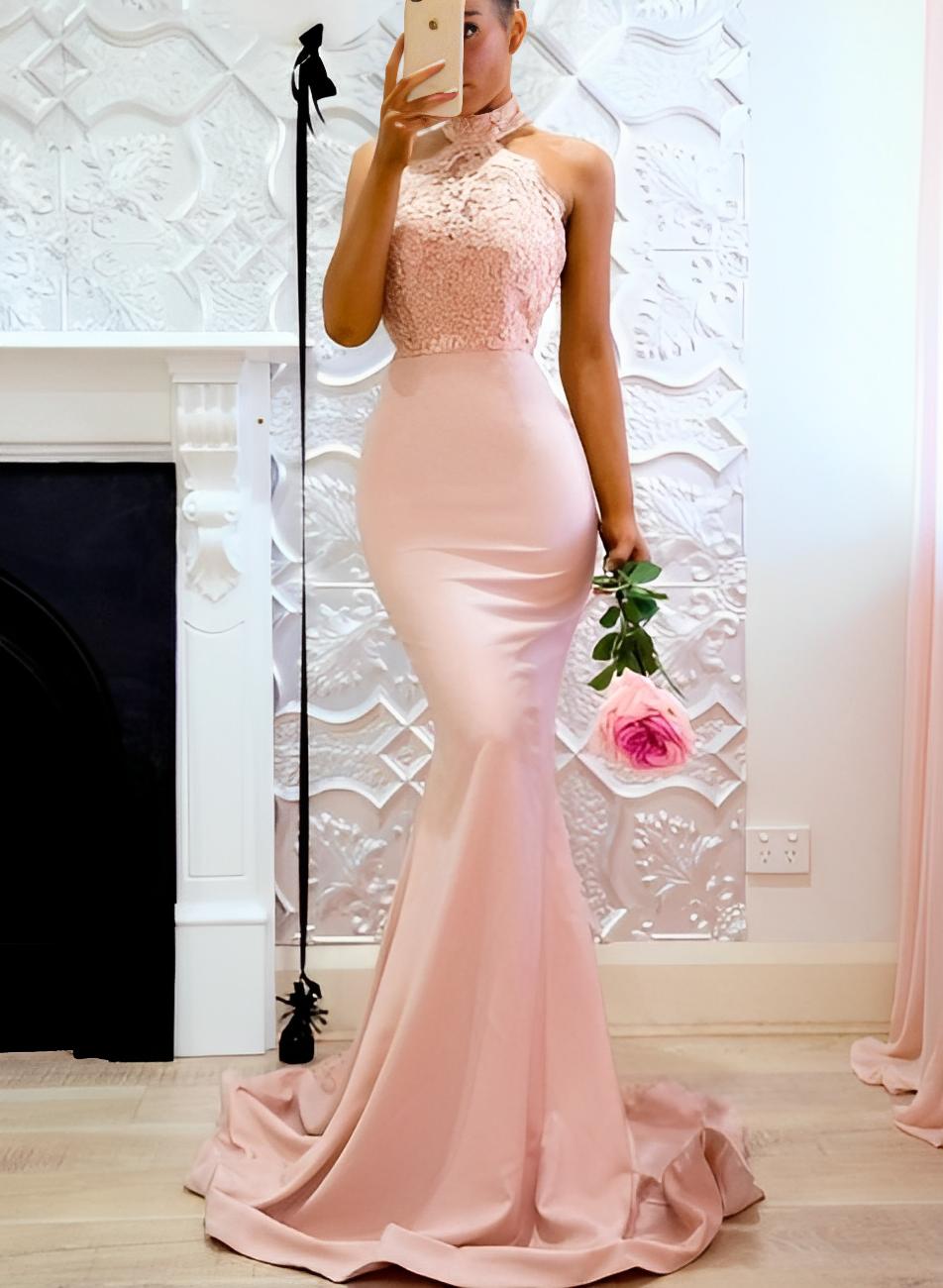 Lace Mermaid Halter Open Back Bridesmaid Dresses With Elastic Satin, image 2