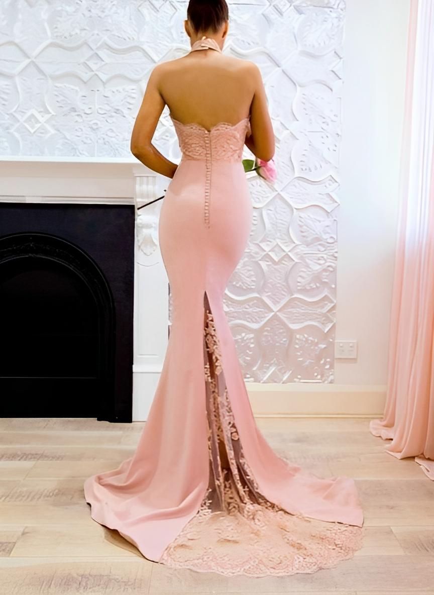 Lace Mermaid Halter Open Back Bridesmaid Dresses With Elastic Satin, image 3