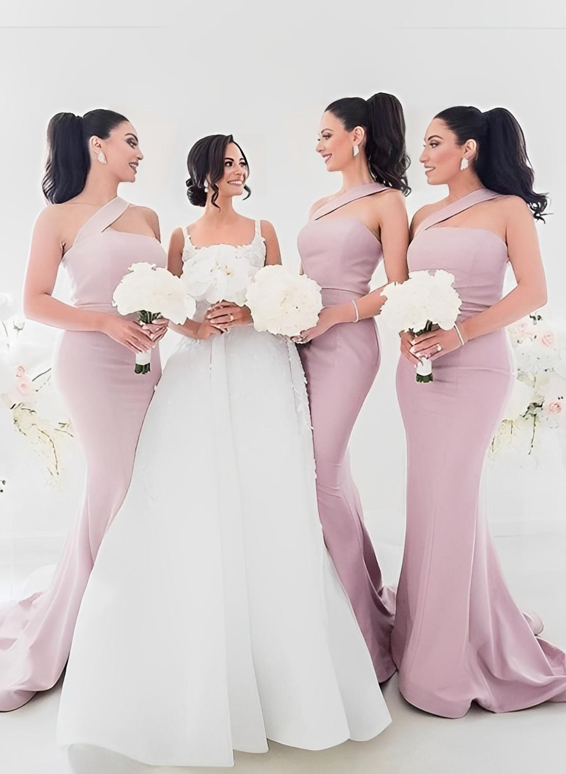 One-Shoulder Trumpet/Mermaid Pink Elastic Satin Bridesmaid Dresses, product image 3