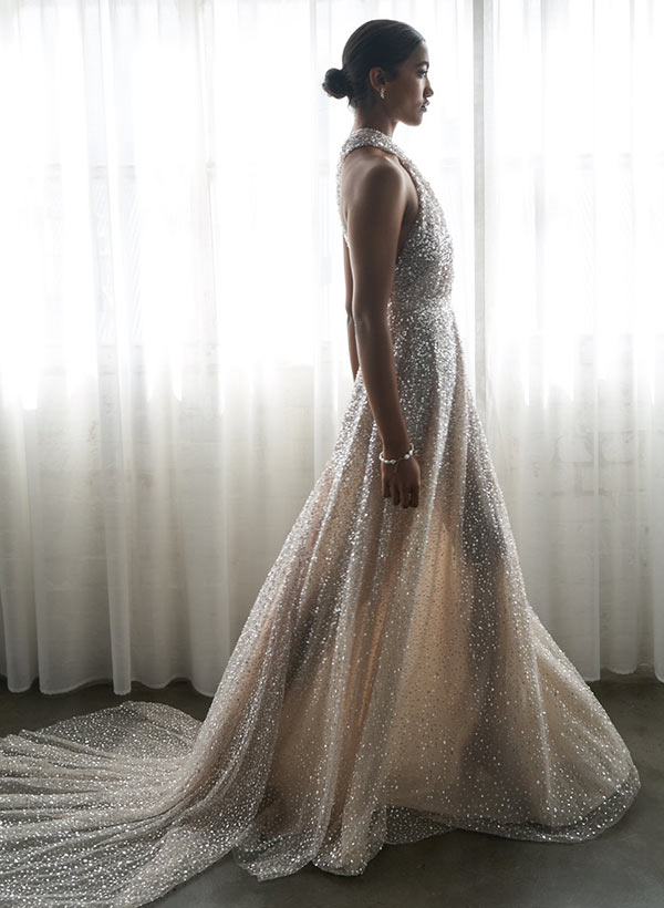 A-Line Halter Sleeveless Sweep Train Sequined Wedding Dresses, image 2