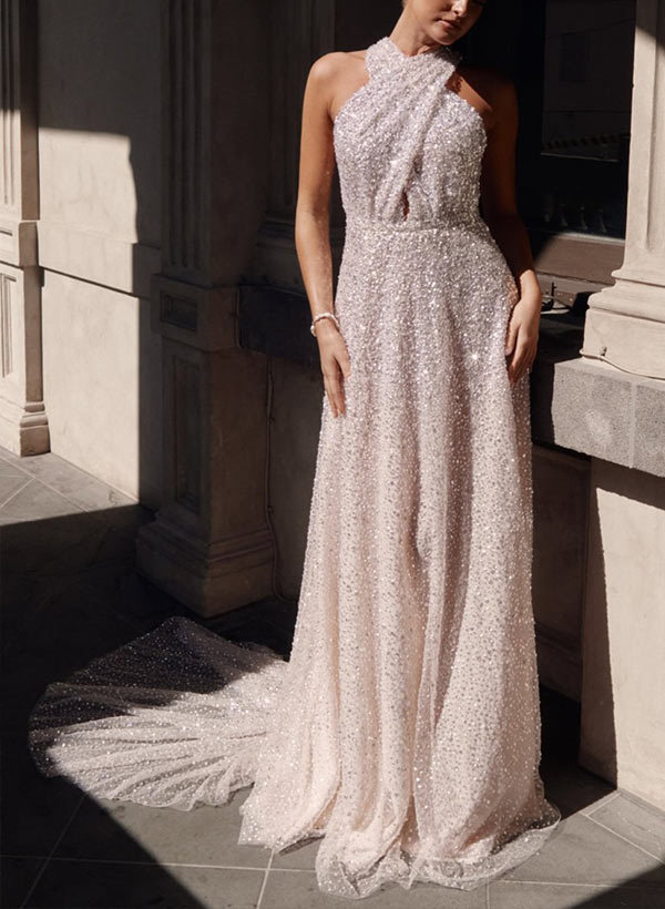 A-Line Halter Sleeveless Sweep Train Sequined Wedding Dresses, image 3
