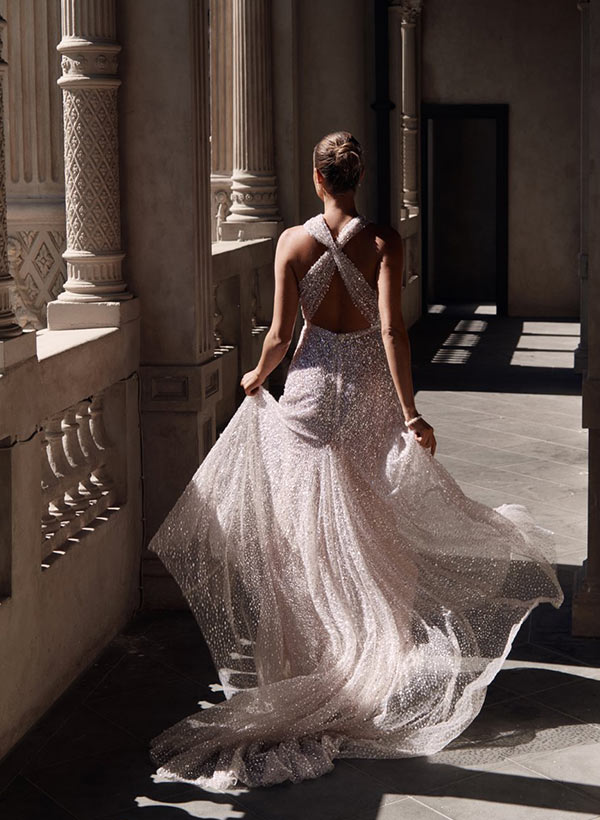 A-Line Halter Sleeveless Sweep Train Sequined Wedding Dresses, image 4