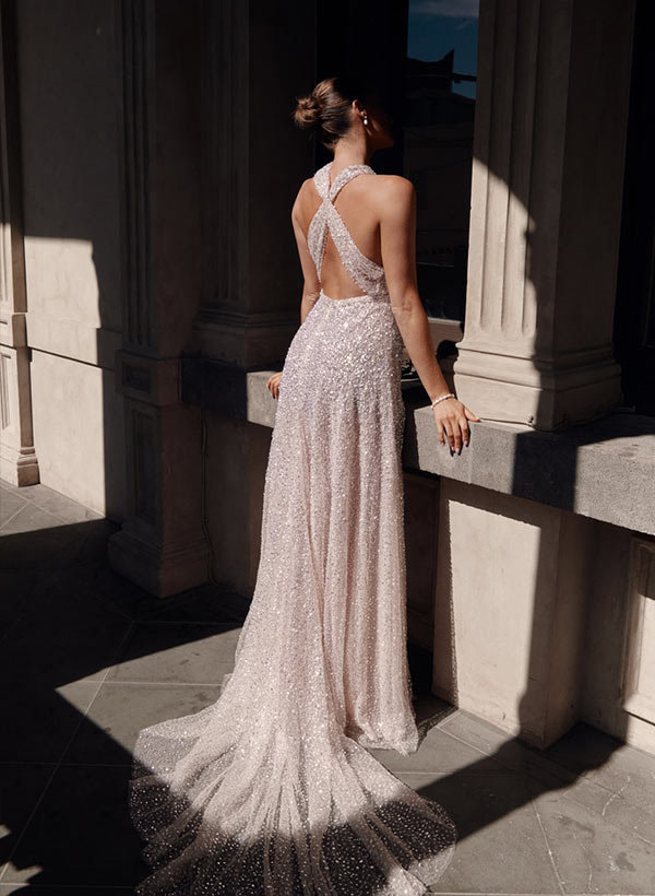 A-Line Halter Sleeveless Sweep Train Sequined Wedding Dresses, image 5