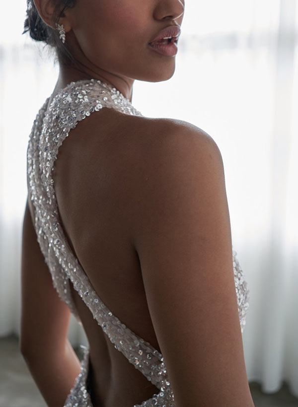 A-Line Halter Sleeveless Sweep Train Sequined Wedding Dresses, image 7
