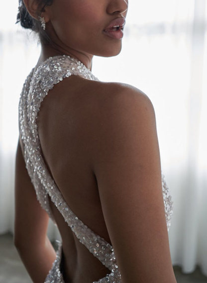 A-Line Halter Sleeveless Sweep Train Sequined Wedding Dresses
