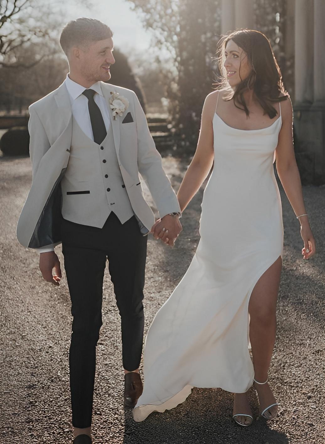 Boho Open Back Spaghetti Straps Slit Wedding Dresses With Silk Like Satin, image 3