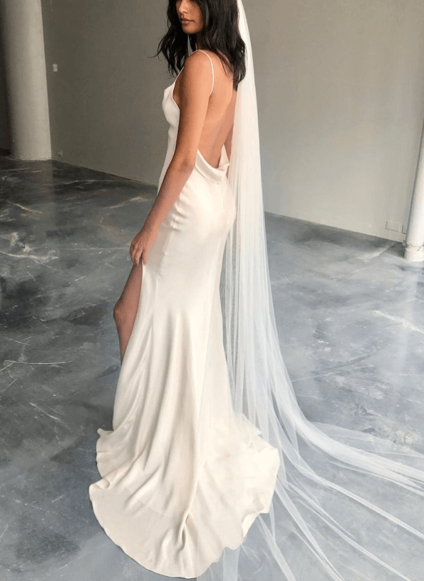 Boho Open Back Spaghetti Straps Slit Wedding Dresses With Silk Like Satin, image 6