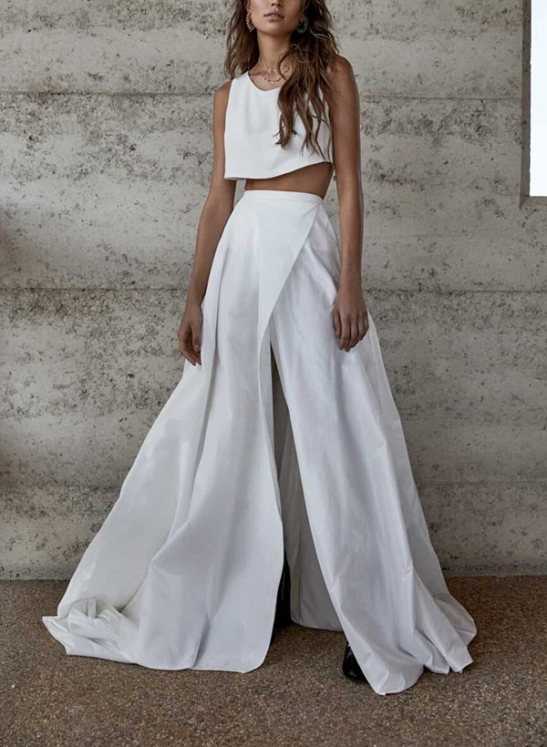 A-Line Scoop Neck Sleeveless Sweep Train Wedding Dresses With Split Front, product image 1