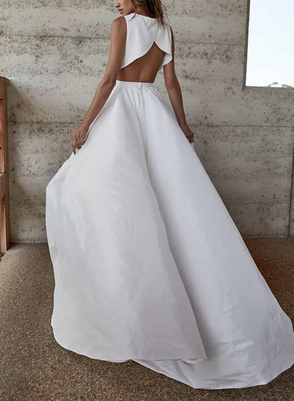 A-Line Scoop Neck Sleeveless Sweep Train Wedding Dresses With Split Front, product image 2