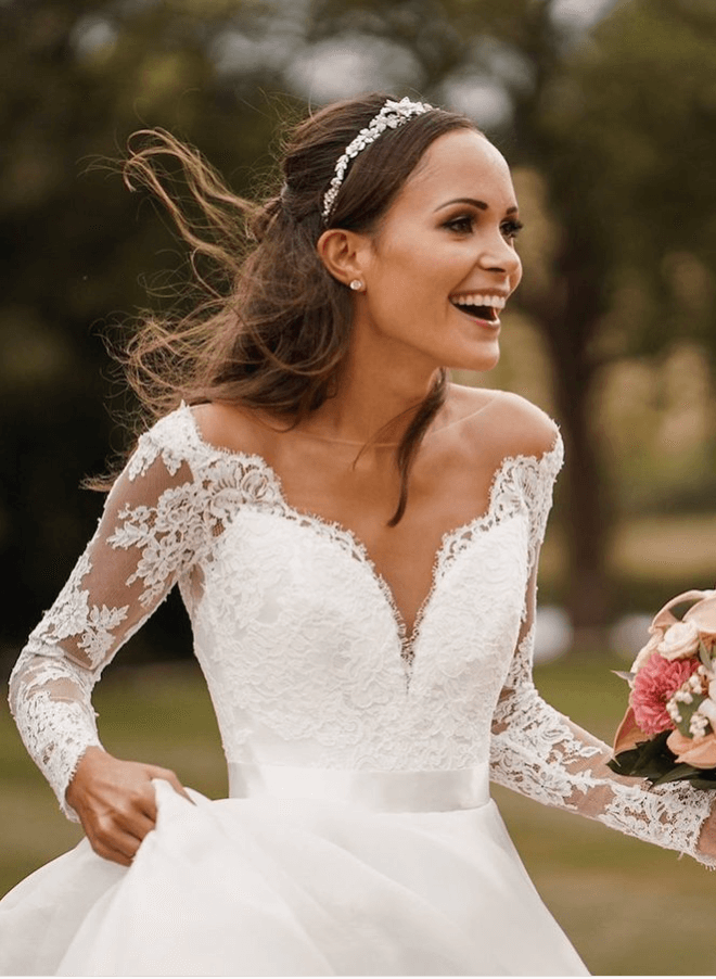 Boho Lace Long Sleeves Princess Wedding Dresses in Ivory, US2
