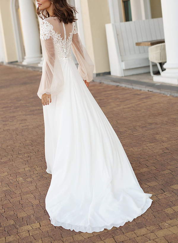 A-Line Illusion Neck Long Sleeves Tulle Wedding Dresses With Appliques Lace in Ivory, US2