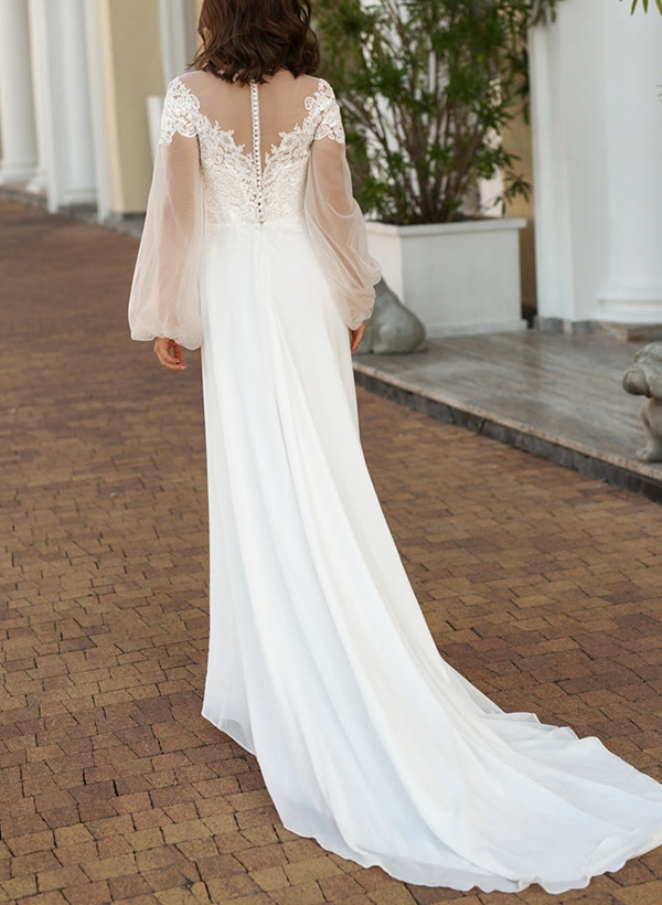A-Line Illusion Neck Long Sleeves Tulle Wedding Dresses With Appliques Lace, product image 2