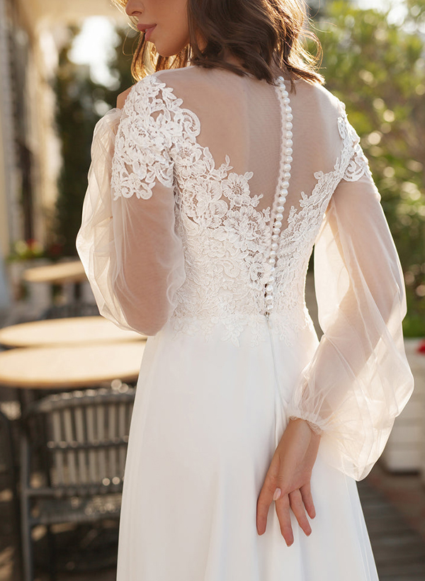 A-Line Illusion Neck Long Sleeves Tulle Wedding Dresses With Appliques Lace, product image 3