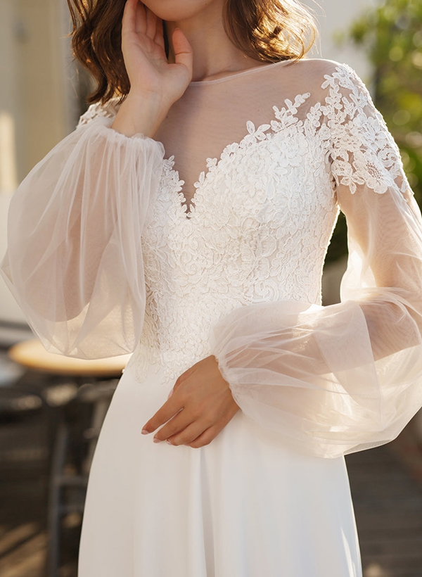 A-Line Illusion Neck Long Sleeves Tulle Wedding Dresses With Appliques Lace, product image 4