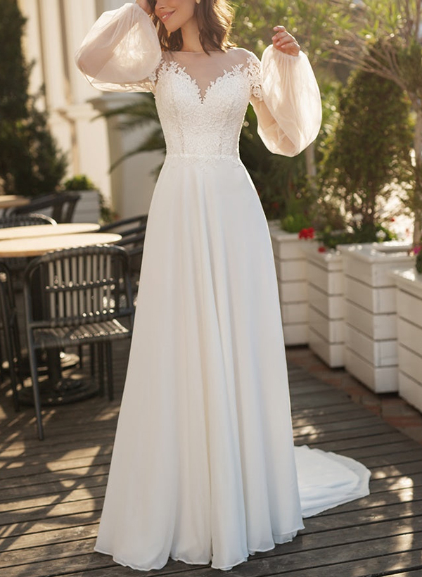 A-Line Illusion Neck Long Sleeves Tulle Wedding Dresses With Appliques Lace, product image 5
