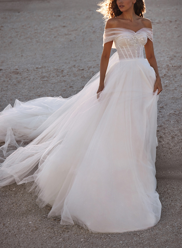 Boho A-Line Off-The-Shoulder Tulle Wedding Dresses With Sequins, product image 1