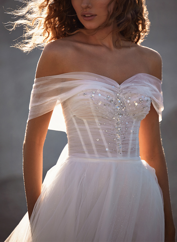 Boho A-Line Off-The-Shoulder Tulle Wedding Dresses With Sequins, product image 2