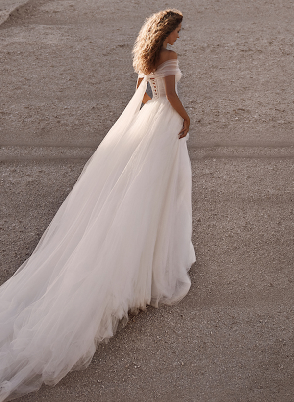 Boho A-Line Off-The-Shoulder Tulle Wedding Dresses With Sequins, product image 3
