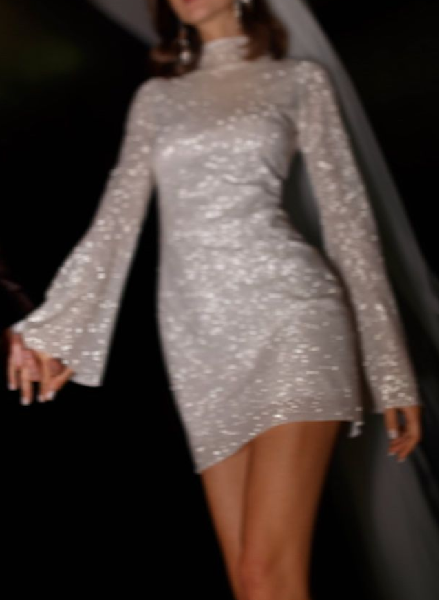 Sparkly Minimalist High Neck Long Sleeves Wedding Dresses With Sheath/Column, image 1