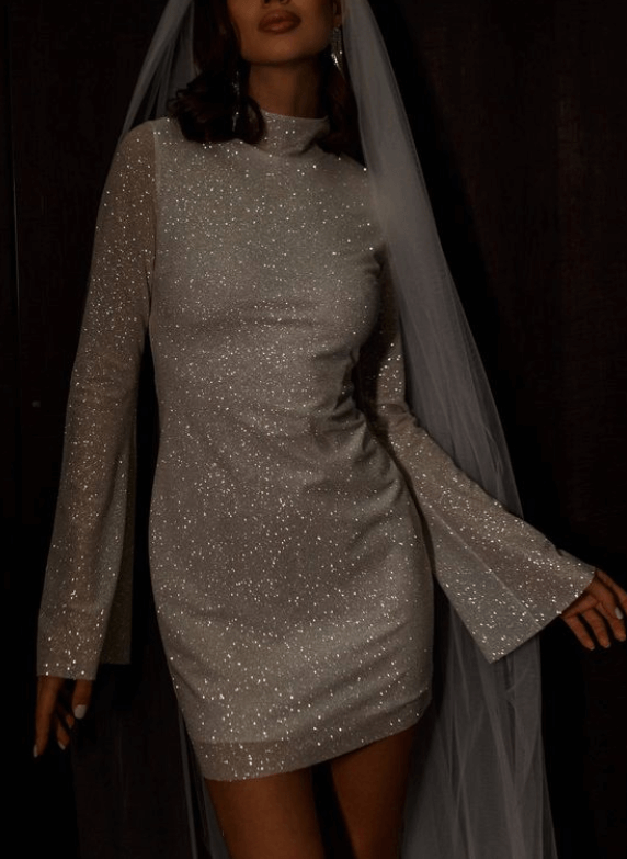 Sparkly Minimalist High Neck Long Sleeves Wedding Dresses With Sheath/Column, image 2