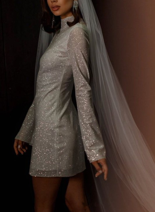 Sparkly Minimalist High Neck Long Sleeves Wedding Dresses With Sheath/Column, image 4