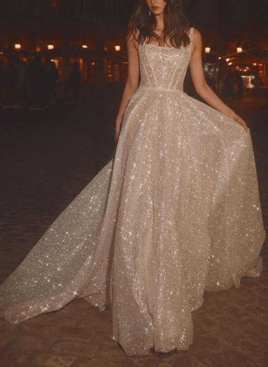 Sparkly Sequined A-Line Square Neckline Wedding Dresses, image 1