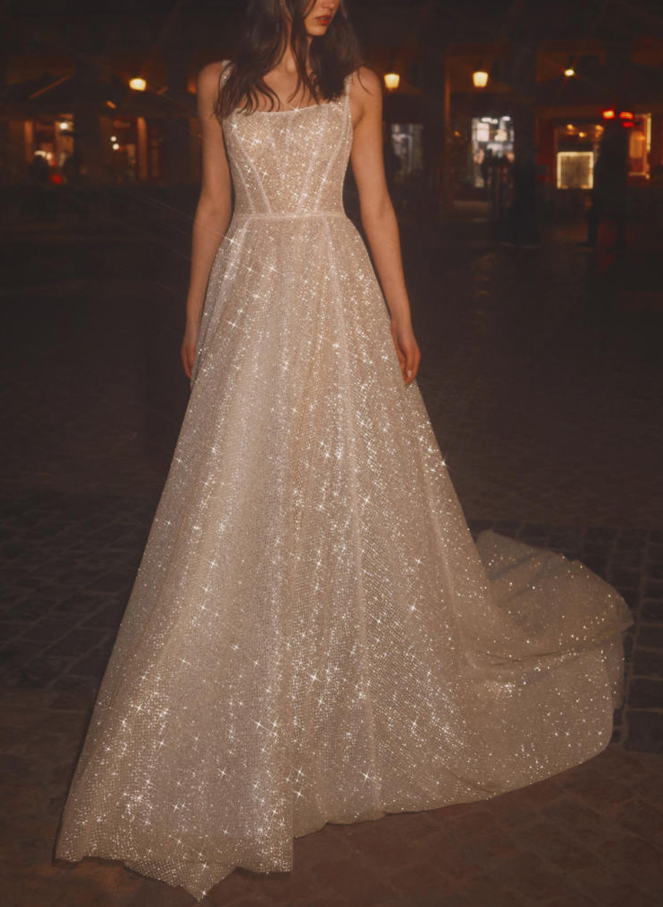 Sparkly Sequined A-Line Square Neckline Wedding Dresses, image 2