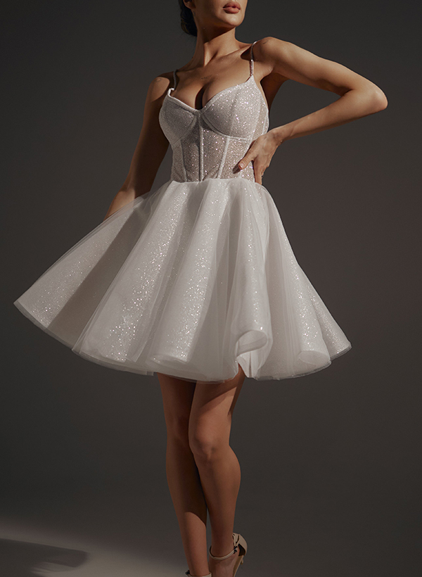 Sparkle Short/Mini Sequined A-Line V-Neck Wedding Dresses With Spaghetti Straps, image 2