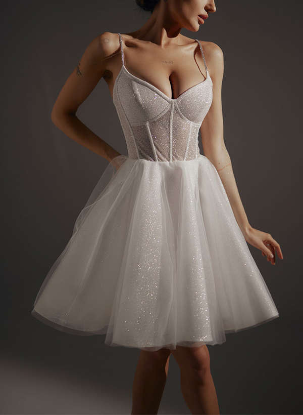 Sparkle Short/Mini Sequined A-Line V-Neck Wedding Dresses With Spaghetti Straps, image 1