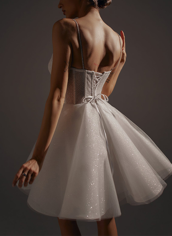 Sparkle Short/Mini Sequined A-Line V-Neck Wedding Dresses With Spaghetti Straps, image 3