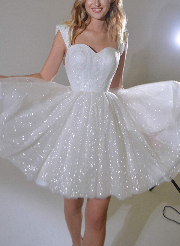 Sparkly Sequined Short Sweetheart A-Line Wedding Dresses With Sleeveless, image 3