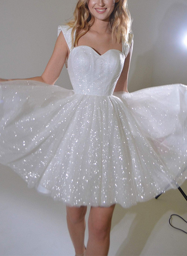 Sparkly Sequined Short Sweetheart A-Line Wedding Dresses With Sleeveless, image 3