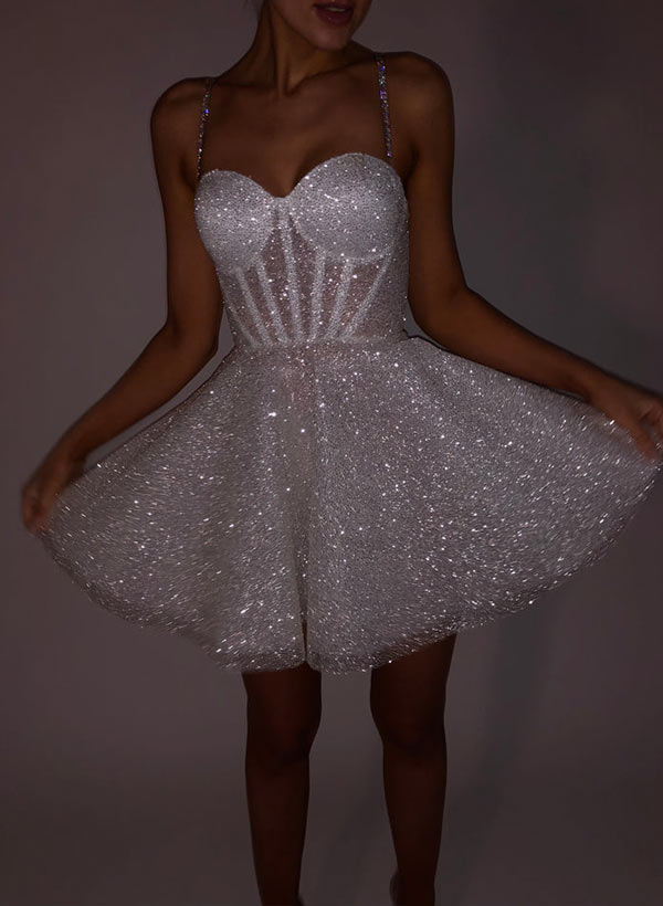 Dreamy A-Line Sweetheart Short/Mini Sweet Sequined Little White Wedding Dresses, image 4