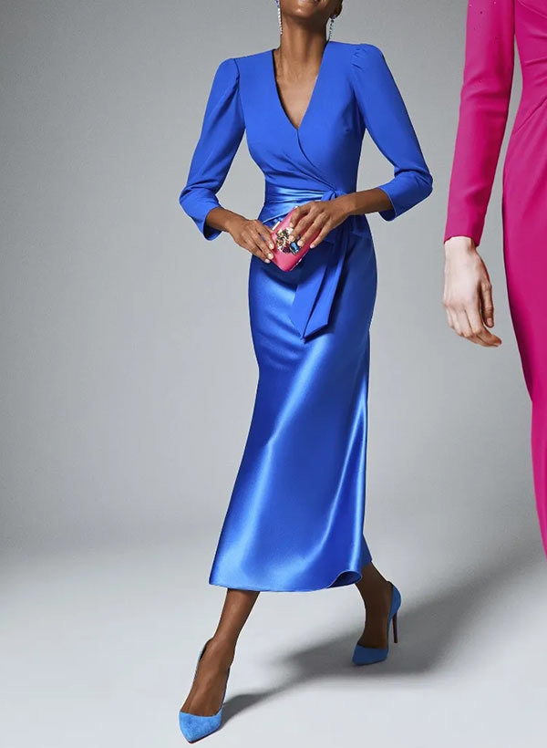 Elegant V-Neck 3/4 Sleeves Tea-Length Satin Mother Of The Bride Dresses