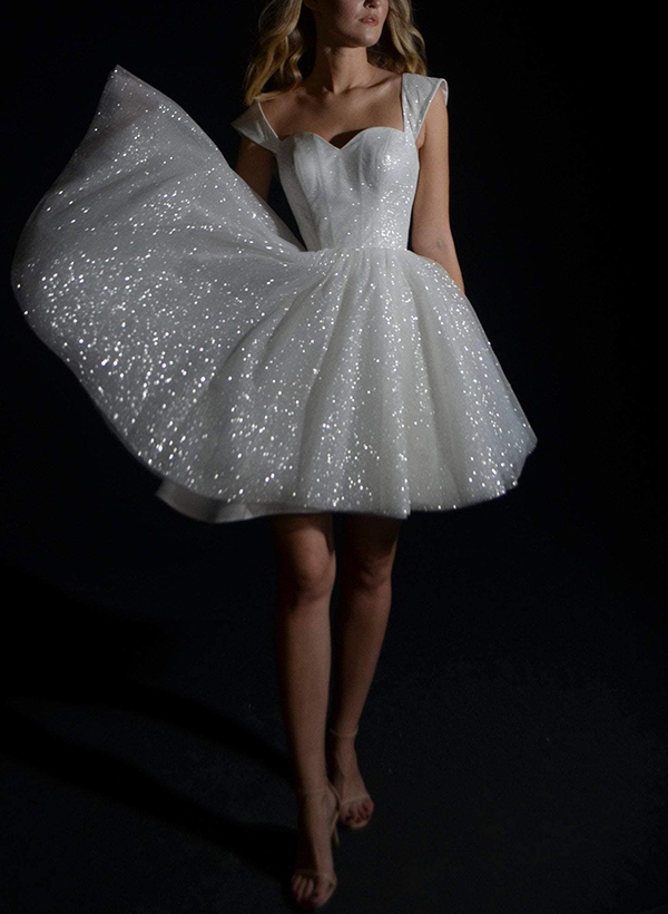 Sparkly Sequined Short Sweetheart A-Line Wedding Dresses With Sleeveless, image 2