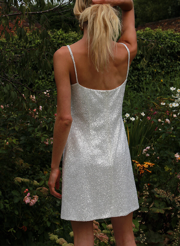 Sheath/Column Square Neckline Short/Mini Tulle/Sequined Wedding Dresses, image 4