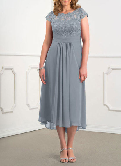 A-Line Scoop Neck Sleeveless Cap Straps Chiffon Asymmetrical Mother of the Bride Dresses in Dusty Blue, US2