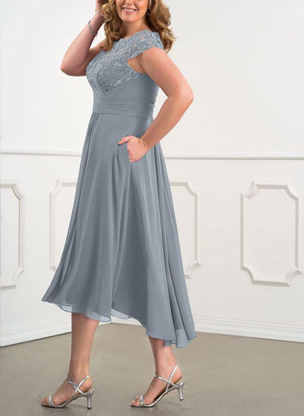 A-Line Scoop Neck Sleeveless Cap Straps Chiffon Asymmetrical Mother of the Bride Dresses, product image 2