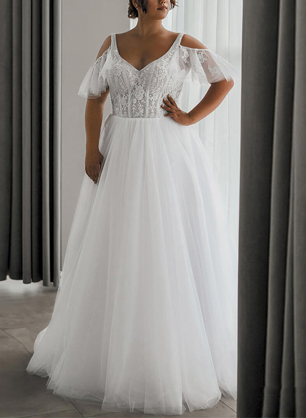 A-Line V-Neck Sleeveless Sweep Train Lace/Tulle Wedding Dresses
