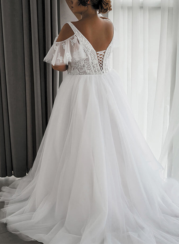 A-Line V-Neck Sleeveless Sweep Train Lace/Tulle Wedding Dresses