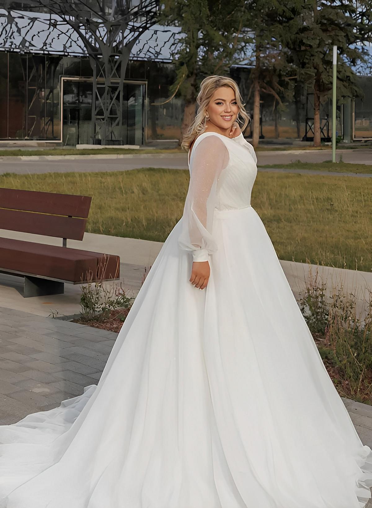 Plus Size A-Line V-Neck Long Sleeves Sweep Train Chiffon Wedding Dresses
