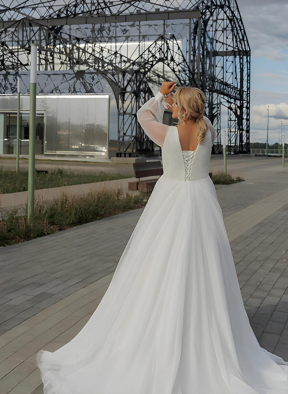 Plus Size A-Line V-Neck Long Sleeves Sweep Train Chiffon Wedding Dresses