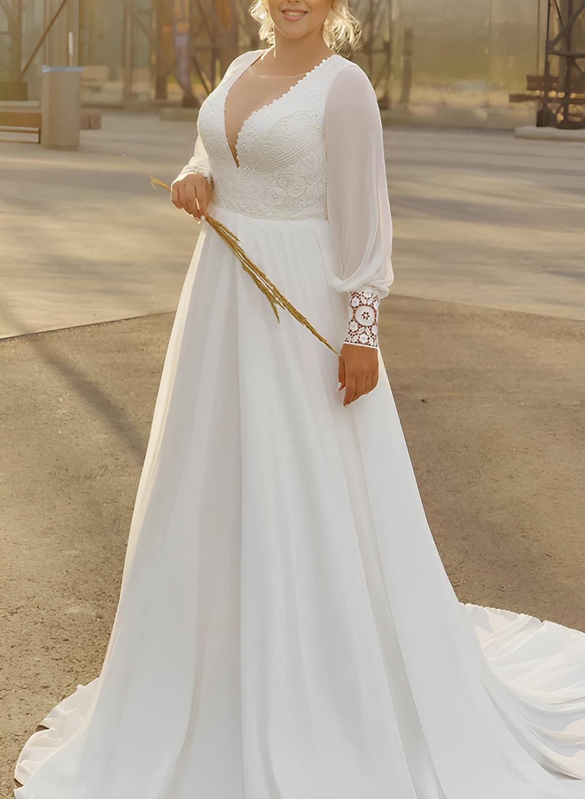 Plus Size Illusion Neck Long Sleeves Sweep Train Chiffon/Lace Wedding Dresses