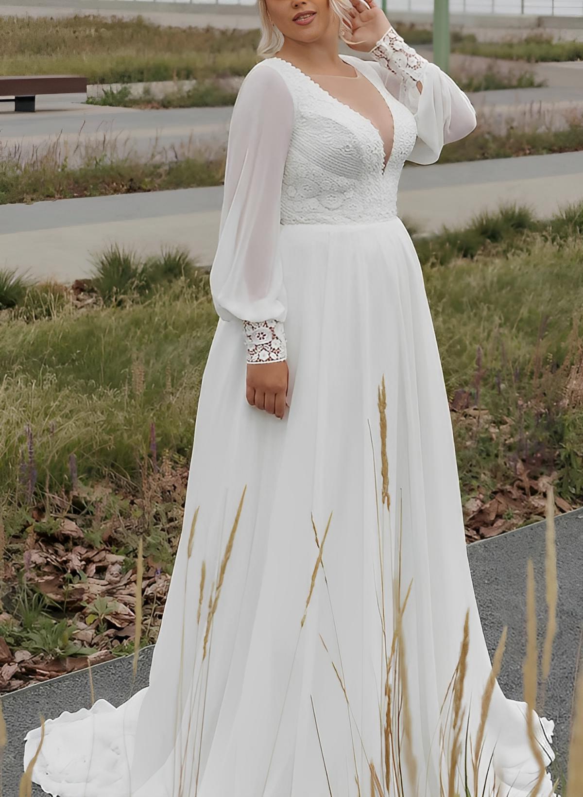 Plus Size Illusion Neck Long Sleeves Sweep Train Chiffon/Lace Wedding Dresses