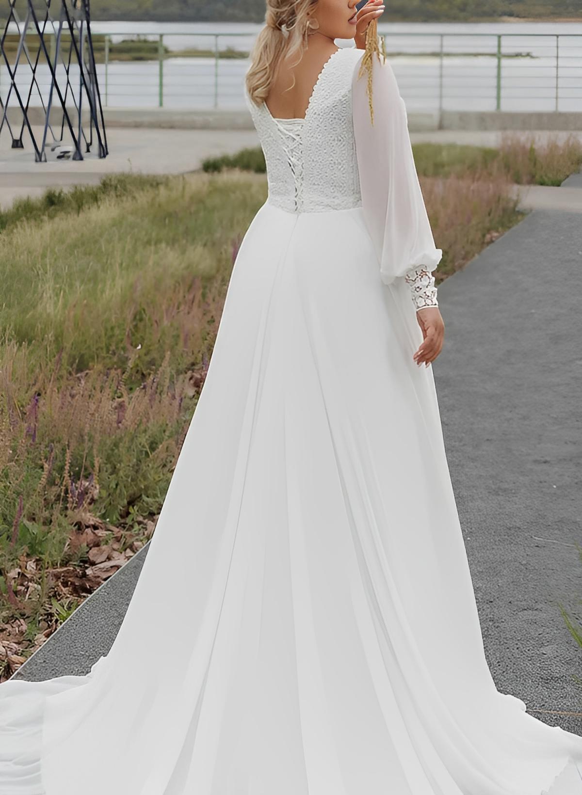 Plus Size Illusion Neck Long Sleeves Sweep Train Chiffon/Lace Wedding Dresses