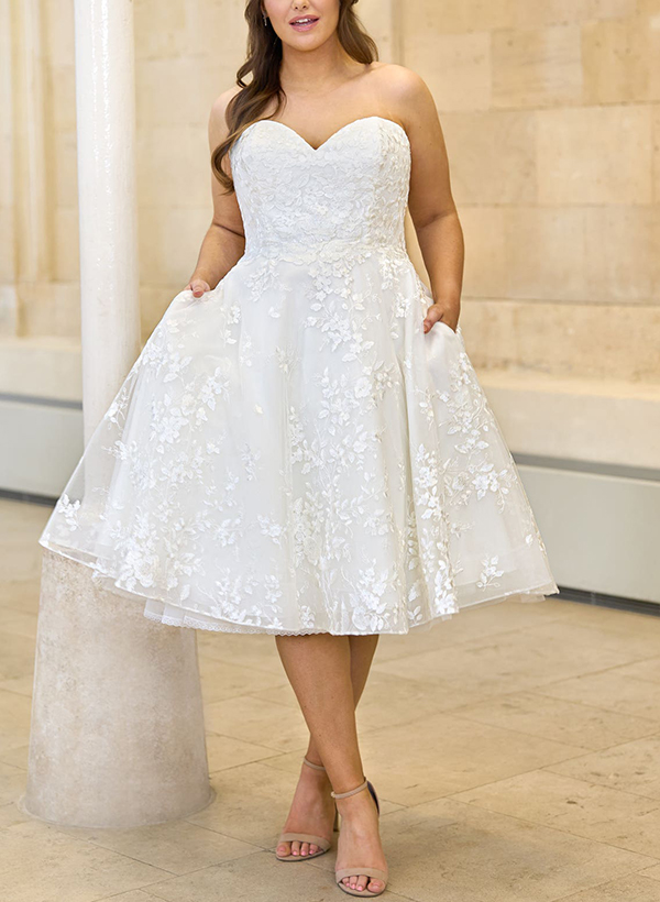 A-Line Sweetheart Sleeveless Tea-Length Lace/Tulle Wedding Dresses, product image 1